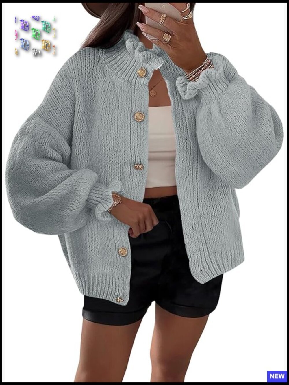 Ruffle Cardigan Oversized Button Up Open Front Ribbed Knit Loose Sweater